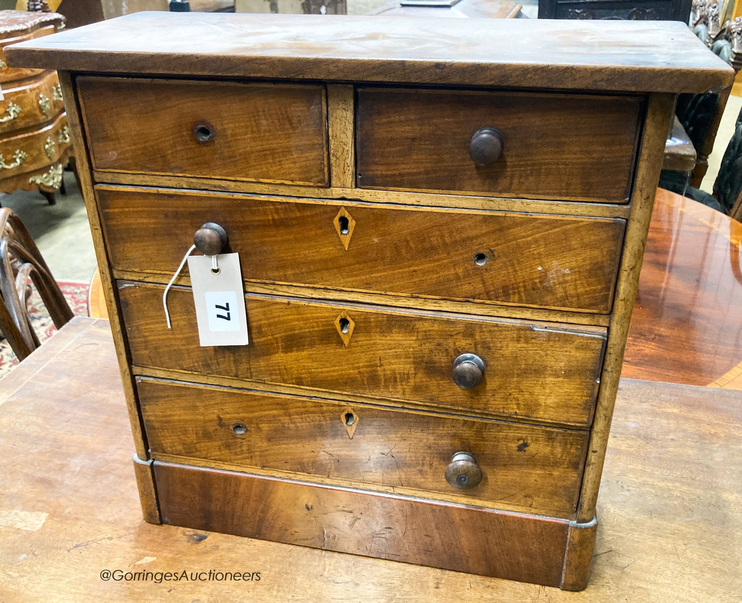 A Victorian mahogany miniature chest of five drawers, width 43cm, depth 18cm, height 41cm